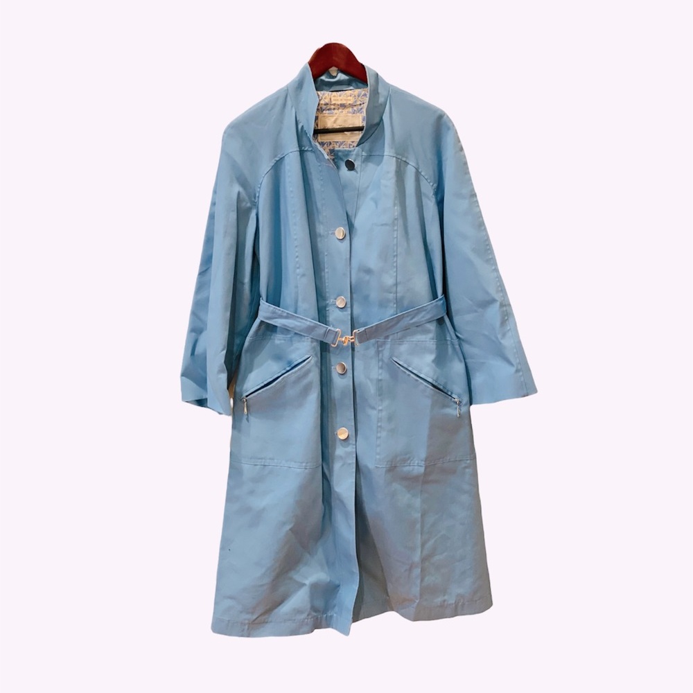 Vintage Marshall Field’s Blue Belted Rain Trench Coat Lined 14 Jacket Office
